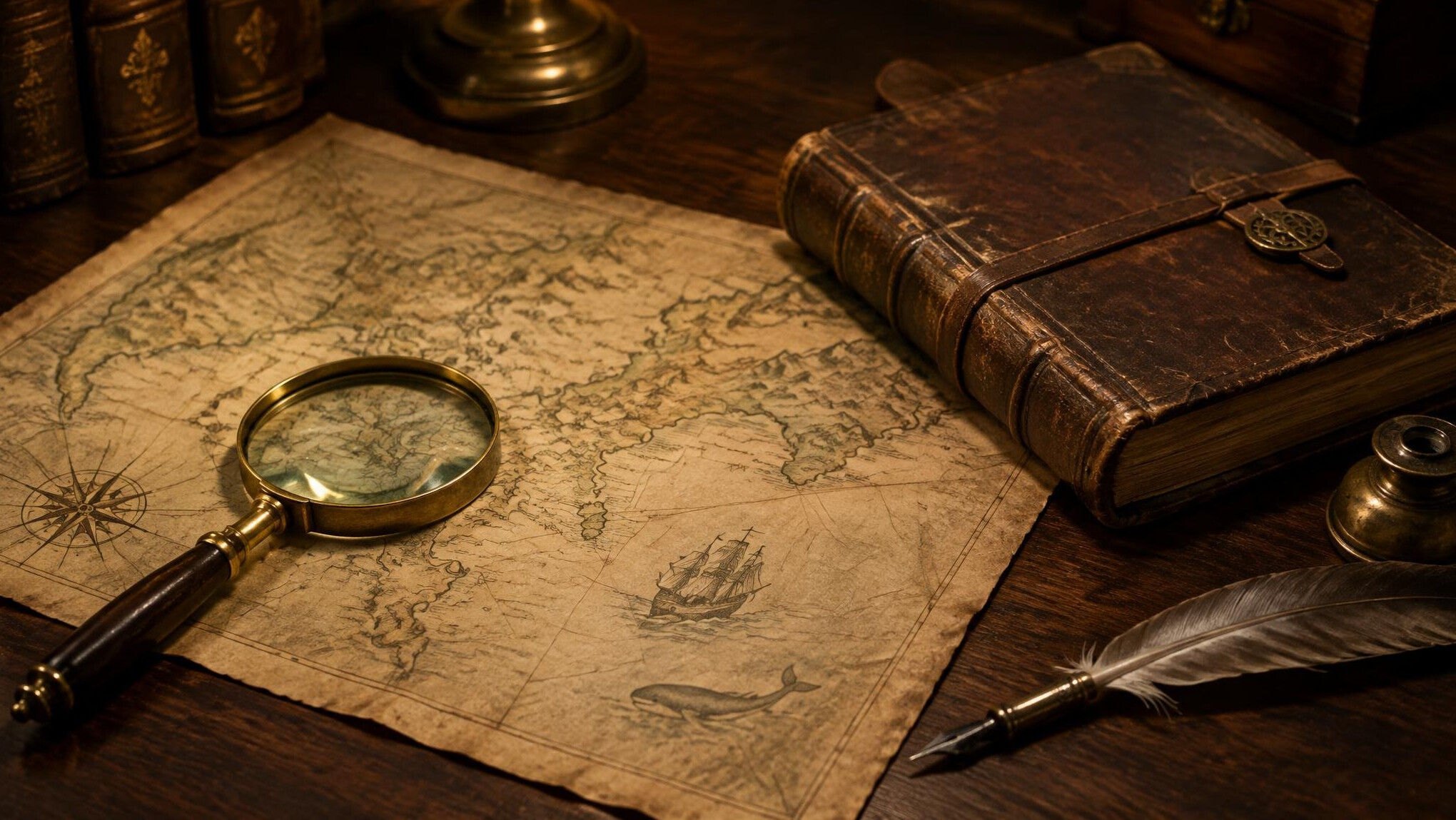 Antique hand-drawn map and manuscript on a wooden archive desk
