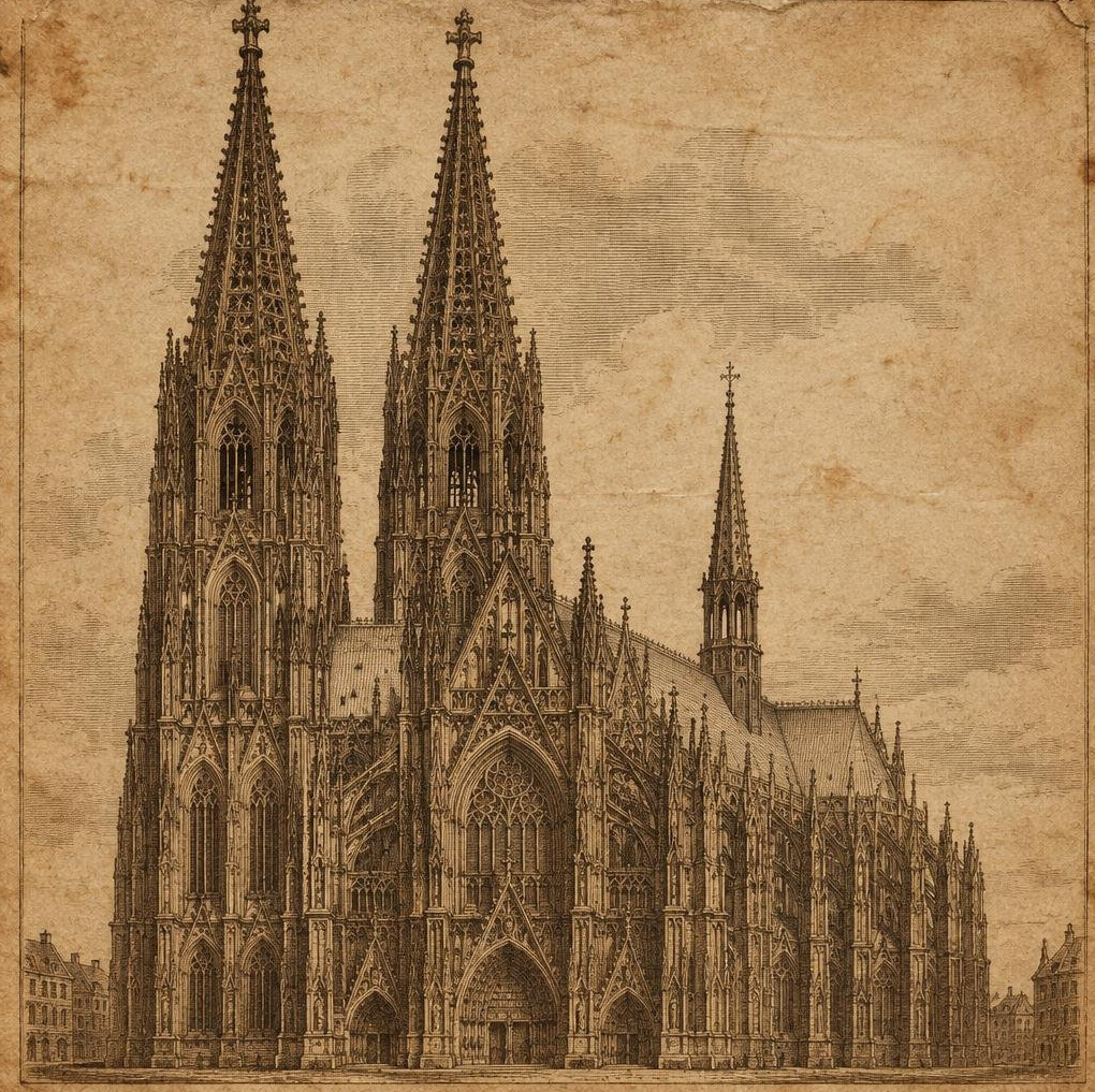 Antique engraving of a German cathedral facade