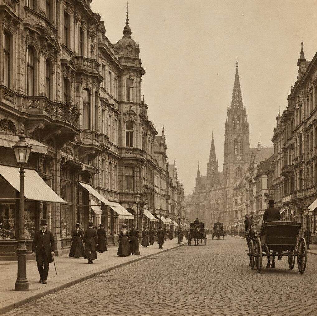 Vintage sepia photograph of a historic German city street
