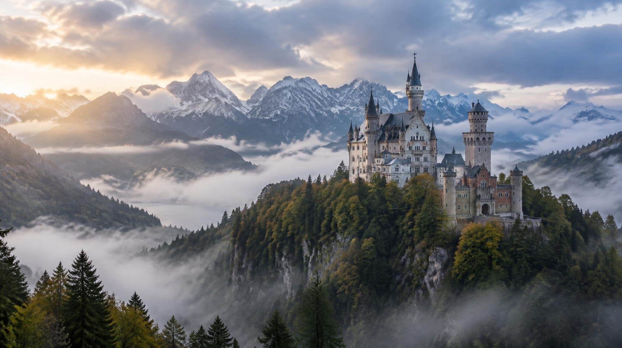 Neuschwanstein Castle in the Bavarian Alps with morning mist