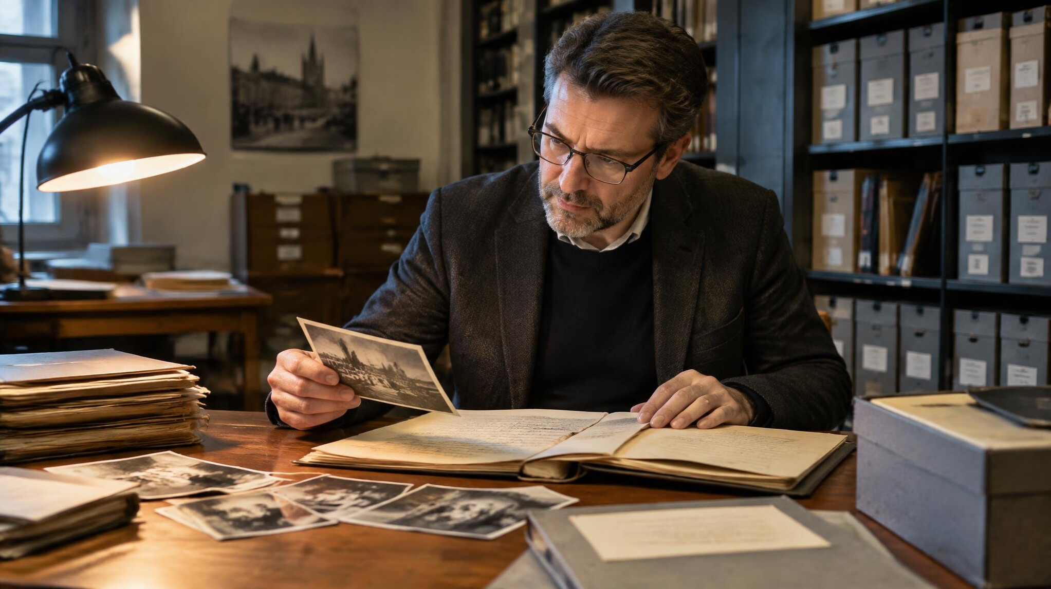 Historian reviewing historical documents at an archive desk